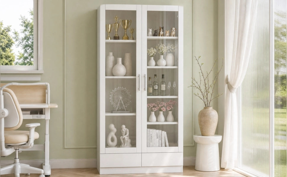Vetrina con ante in vetro e 2 cassetti, 9 vani e ripiani, per soggiorno e ufficio, bianco, 80 × 40 × 160 cm