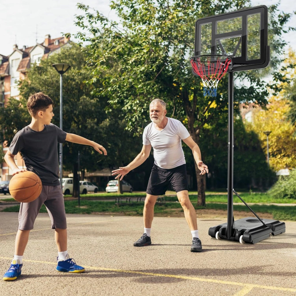 Canestro Basket per Esterno, 12 Livelli di Altezza Regolabile 130-305 cm, Supporto da Basket Portatile con Ruote, Base in PE e PVC, Pallacanestro per Interni con 2 Reti, per Bambini e Adulti