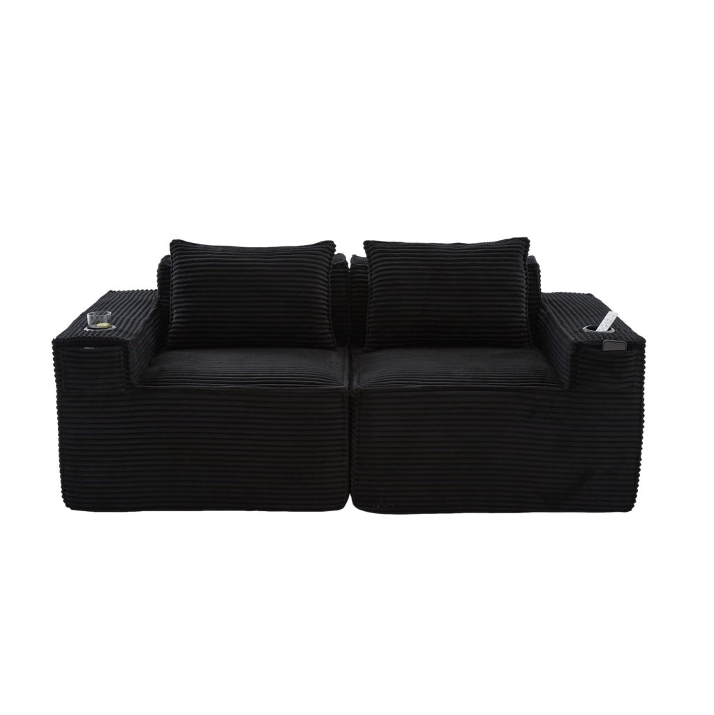 Divano modulare 2 posti 188x90x75 cm nero con portabicchieri, velluto a coste,