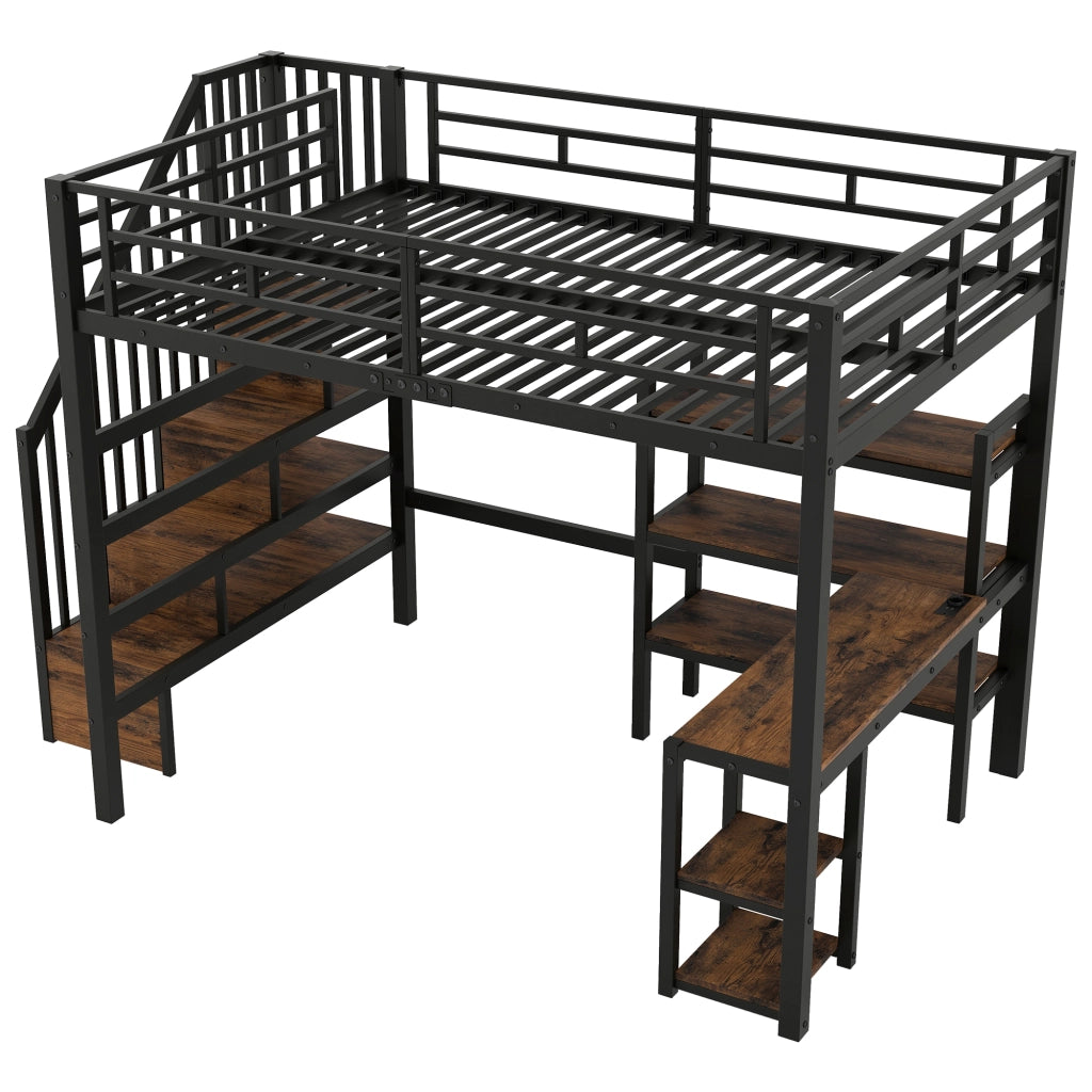 Letto a Soppalco con Scrivania, LED, USB, Cassetti e Scala ¨C MINIMAL ¨C Metallo Nero 140x200