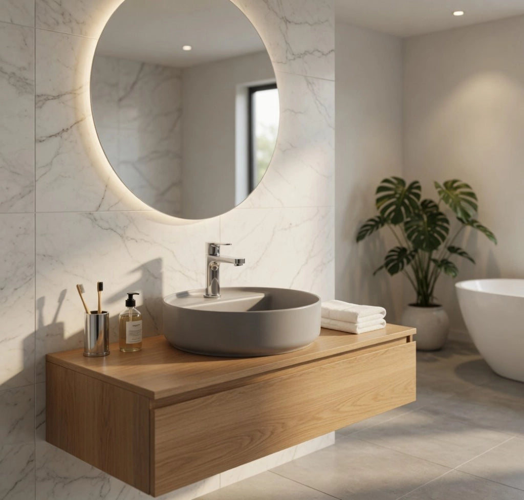 Lavabo tondo da appoggio senza troppo pieno in ceramica con foro rubinetto - Grigio Pietra Opaco