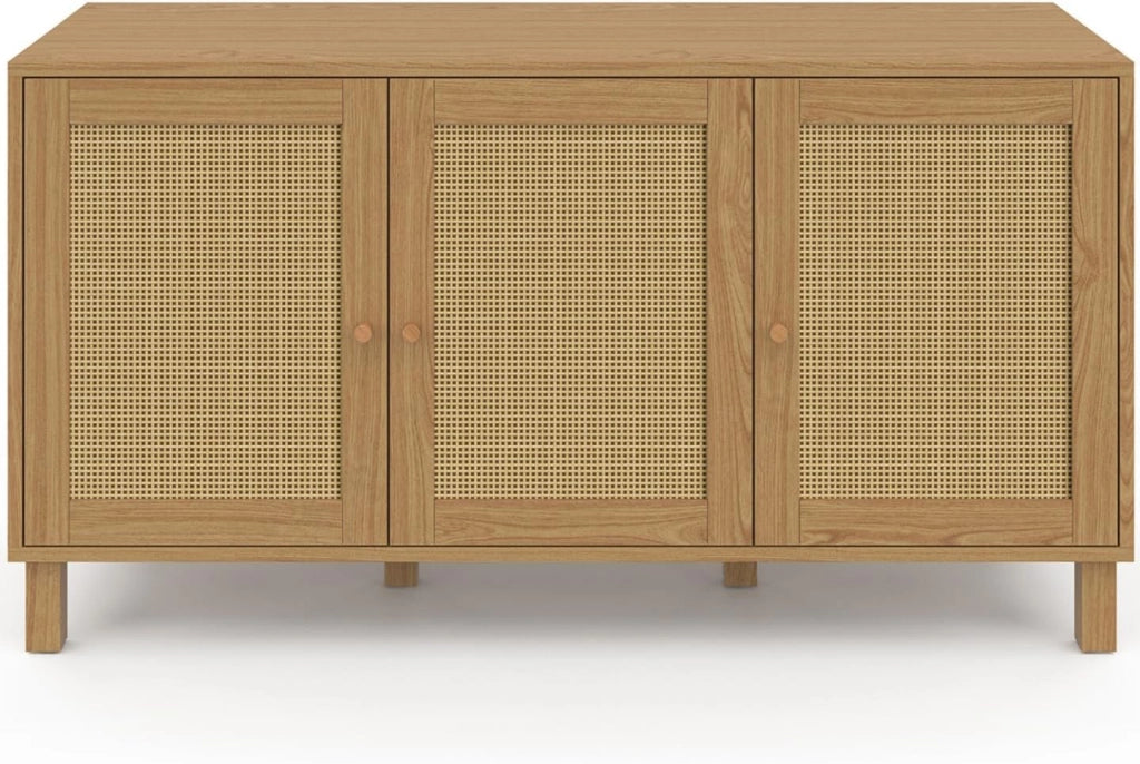HANAE Aparador bajo vintage de 3 puertas con efecto caña natural 113 cm