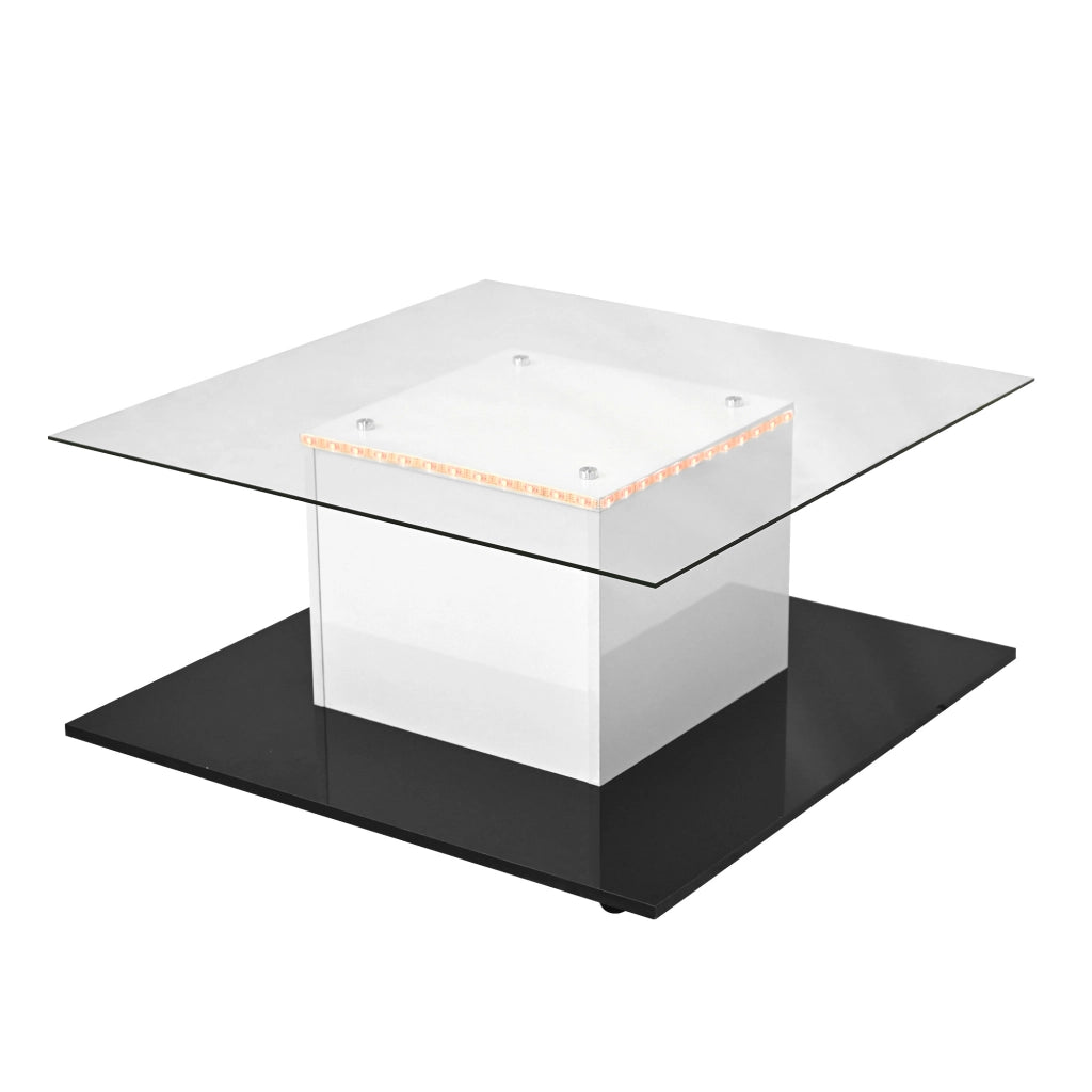 Tavolino da caffè 80x40x80 cm; piano in vetro temperato con LED regolabile e ruote; pannello truciolare bianco e nero