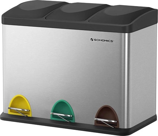 Contenitore per rifiuti della cucina con 3 vani - 45 litri, sistema di separazione dei rifiuti ecosostenibile, pedana in legno duraturo e moderno
