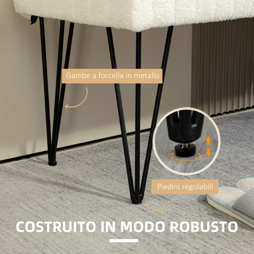 Panca Fondoletto Moderna con Gambe a Forcina, Panca Imbottita in Tessuto Effetto Ciniglia, Legno e Metallo, 118.5x46x49.5 cm, Crema
