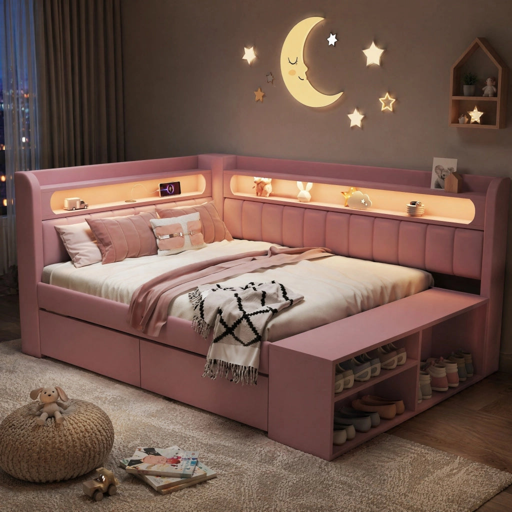 Letto singolo imbottito 90x200 cm rosa con LED e USB