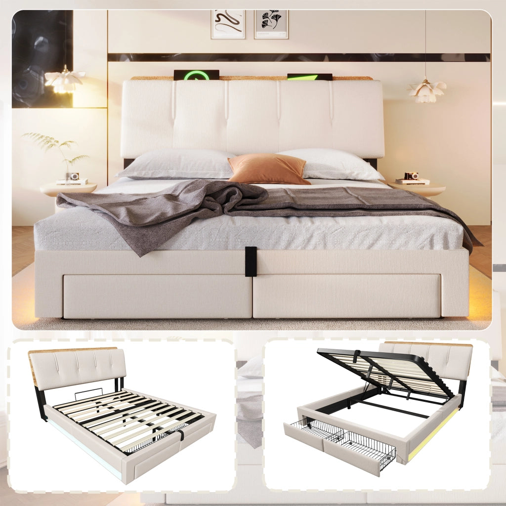 LETTO Contenitore 140x200 cm in lino beige con USB, Type-C e LED
