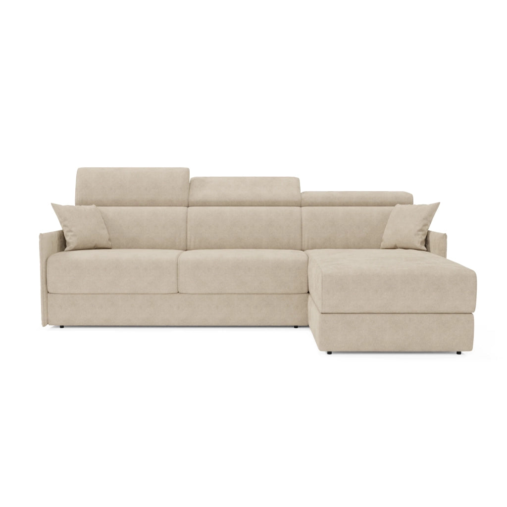 Miryam divano letto angolare compatto - poggiatesta reclinabili e penisola contenitore in tessuto smacchiabile T31 272 cm sinistro beige