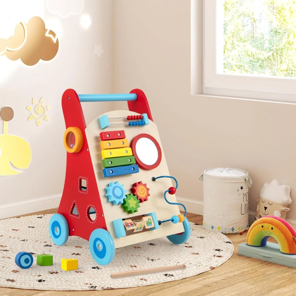 Girello a spinta in legno per bambini con manico e ruote, Giocattolo montessori con contenitore per spingere e tirare-Primi passi