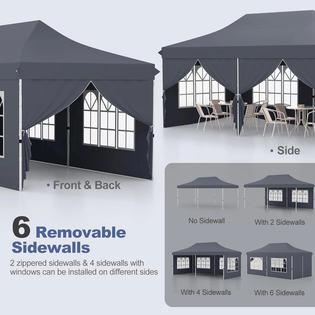 Gazebo da Giardino 3x6m, Gazebo Esterno Resistente Pop Up con 6 Pannelli Laterali e Finestre, 3 Altezze Regolabili, Tenda da Giardino per Matrimoni, Feste, Eventi Commerciali (Grigio)