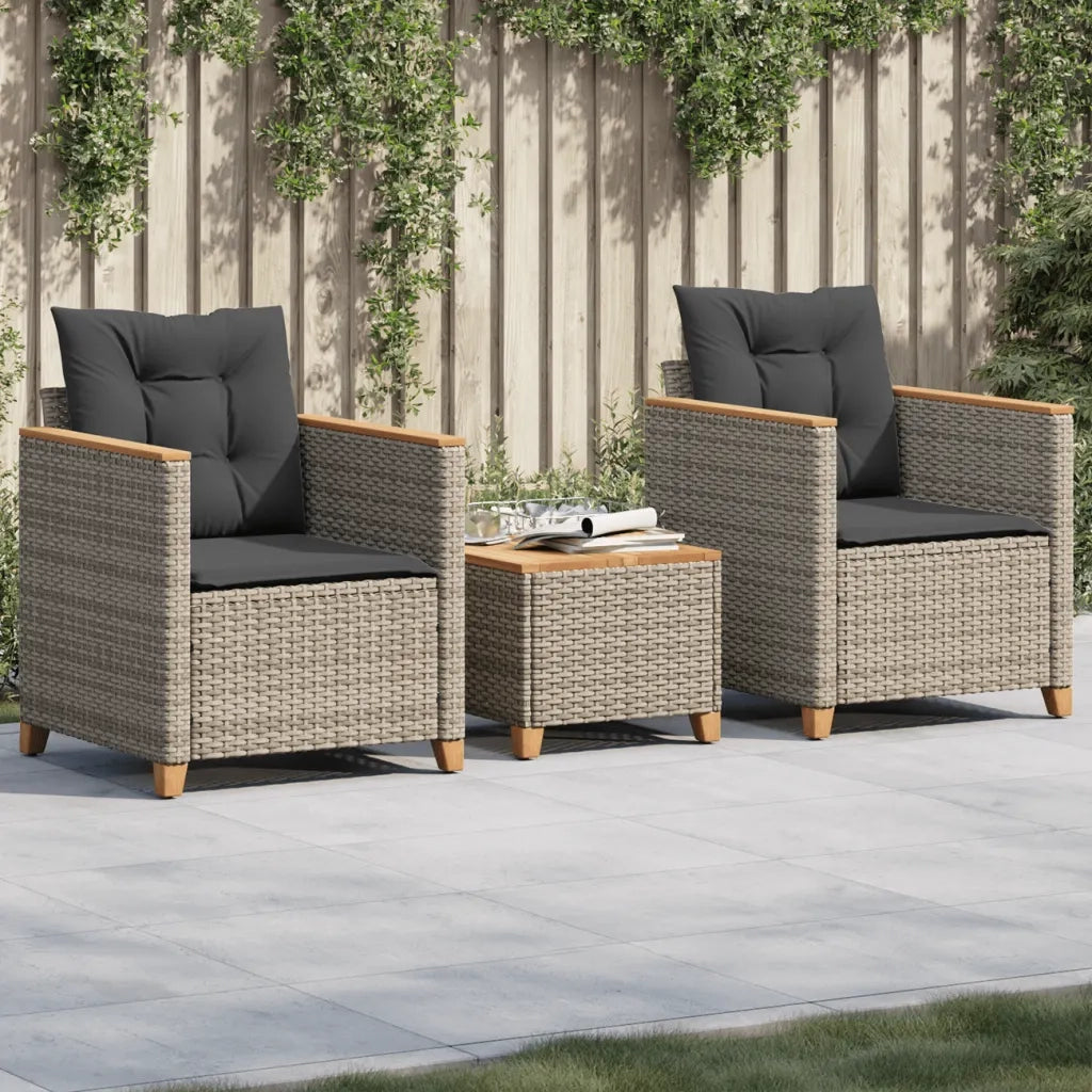 Set da BistrÃ² 3 pz con Cuscini Grigio Polyrattan e Legno Acacia