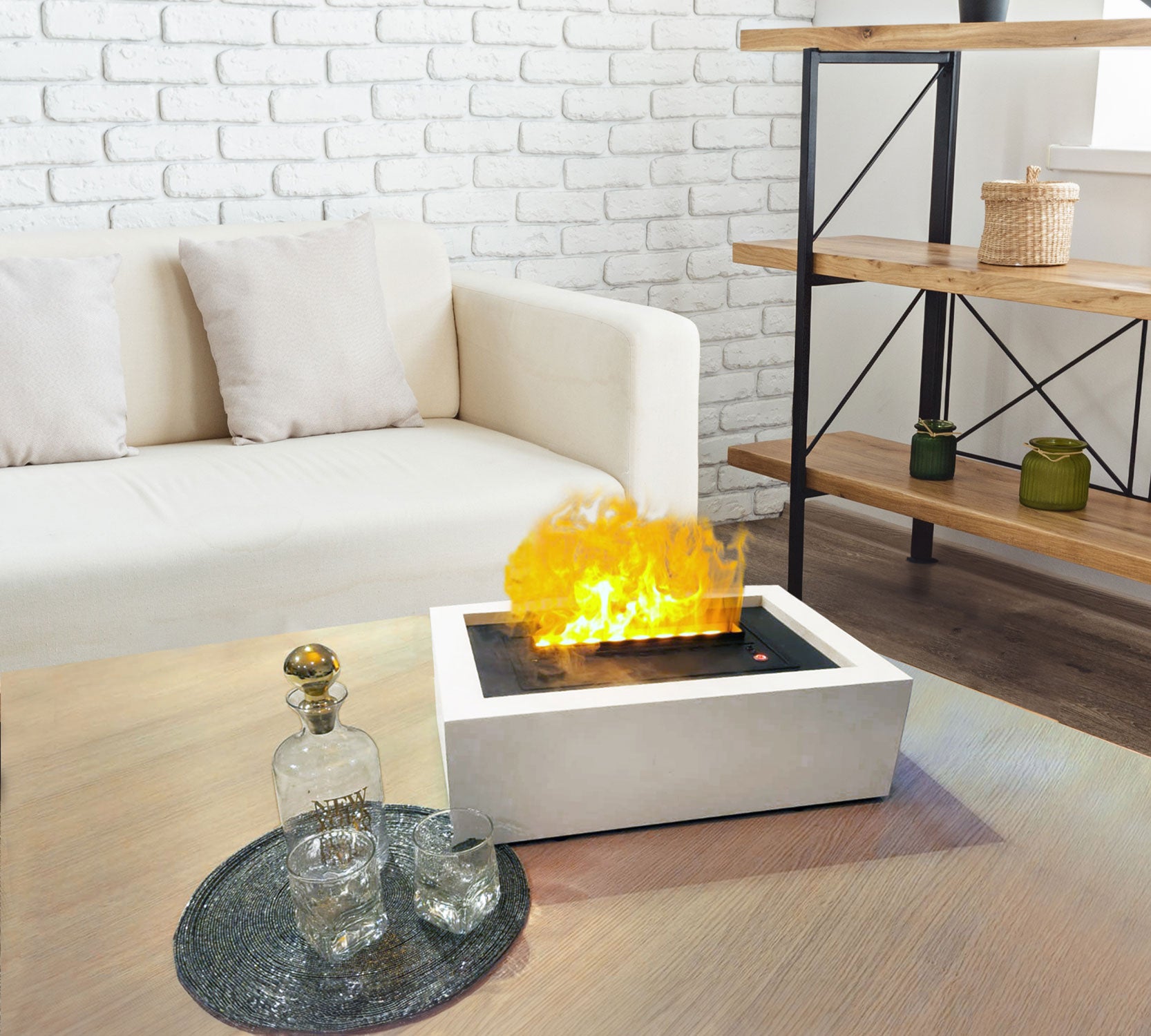 Camino a Vapore da Tavolo Laguna Serbatoio da 1,5 L Cornice in MDF Bianco