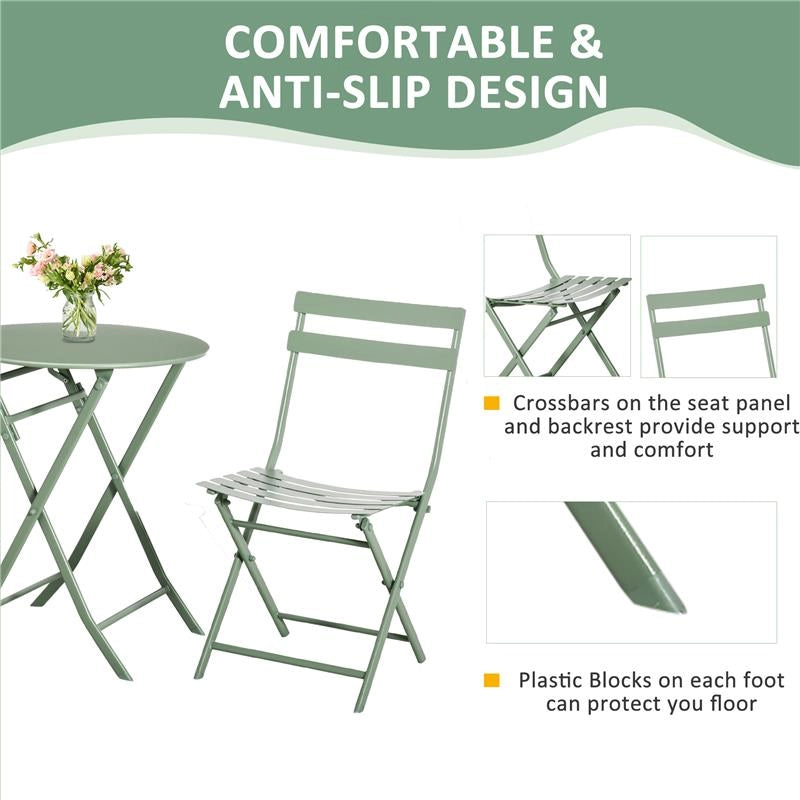 SET DA GIARDINO 3 PEZZI PIEGHEVOLI IN ACCIAIO 2 SEDIE 42X50X81 CM E TAVOLINO Ø60X71 CM VERDE