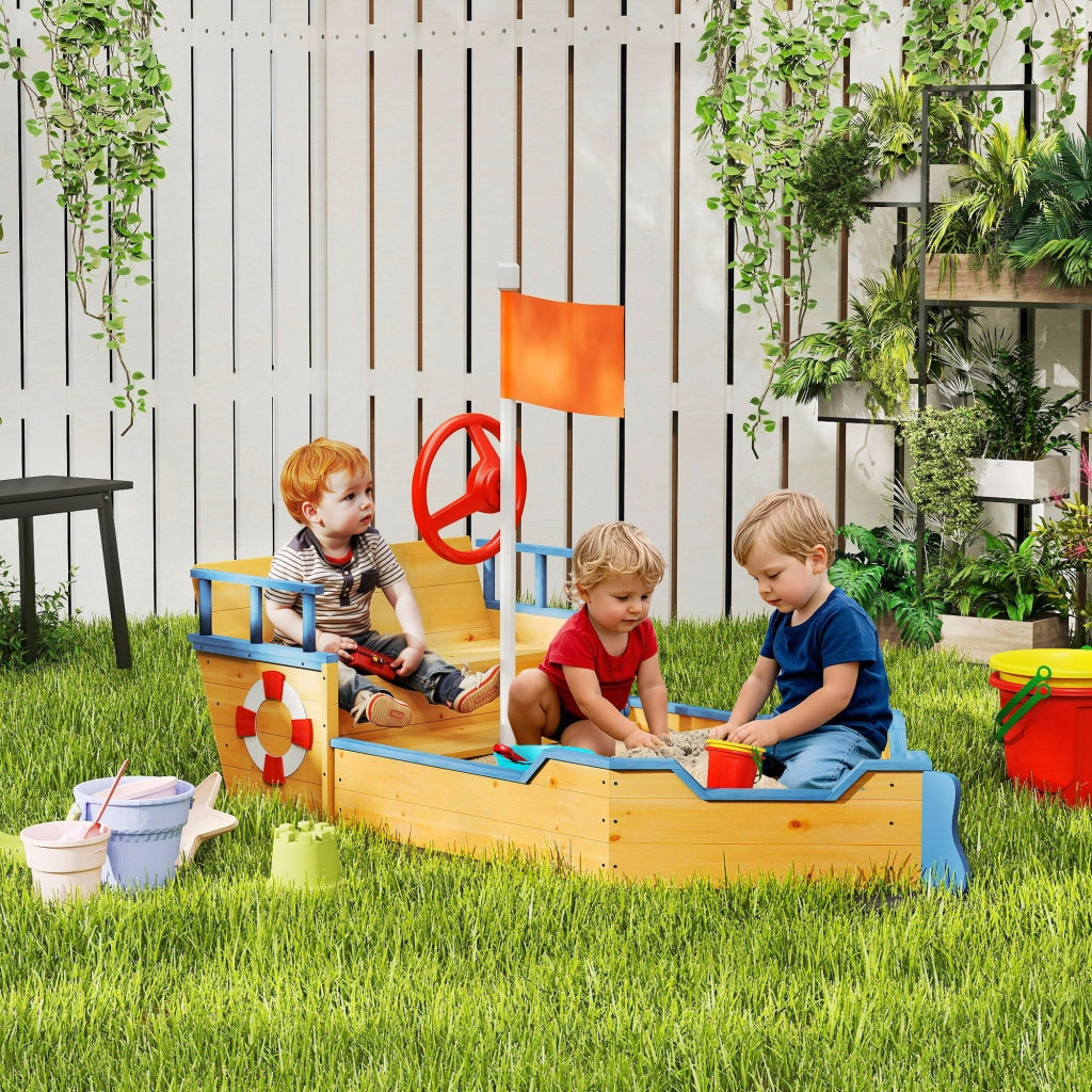 Sabbiera Galeone Legno Bambini con Gradini Panca Bandiera Timone Giardino Gioco Esterno ¨C Xylo ¨C 158x78x45,5 cm Naturale