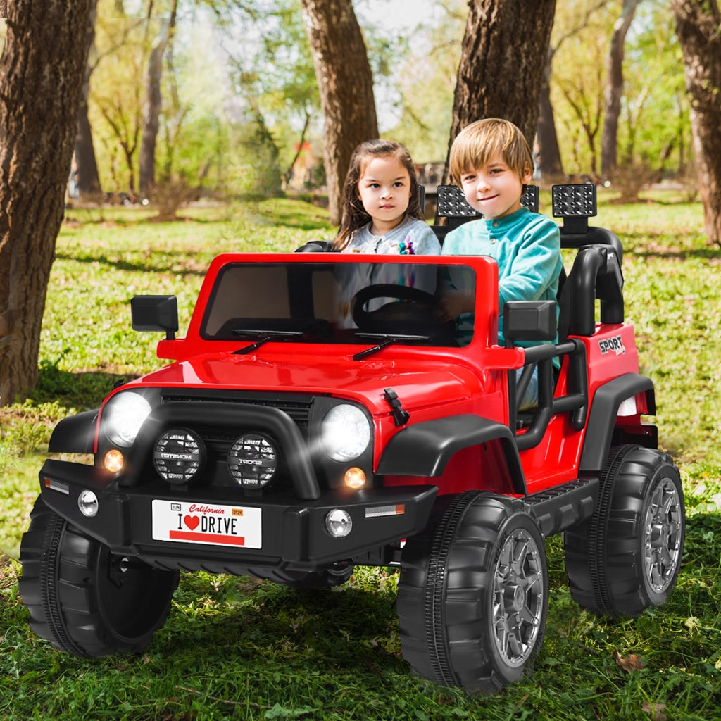 Macchina elettrica cavalcabile 12 V a 2 posti con telecomando, Veicolo a batteria con 3 velocit¨¤ e luci LED Rosso-Macchinine giocattoli
