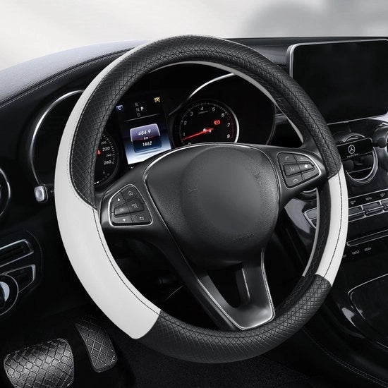 Stiratura per auto, guida antiscivolo in PU pelle universale, respirante, modello sportivo, 37-38 cm, accessorio auto unisex bianco.