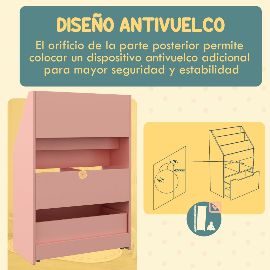 Libreria Bambini Legno Rosa ¨C Xylo ¨C 3 Ripiani 2 Cassetti Ruote 60x29,9x90 cm