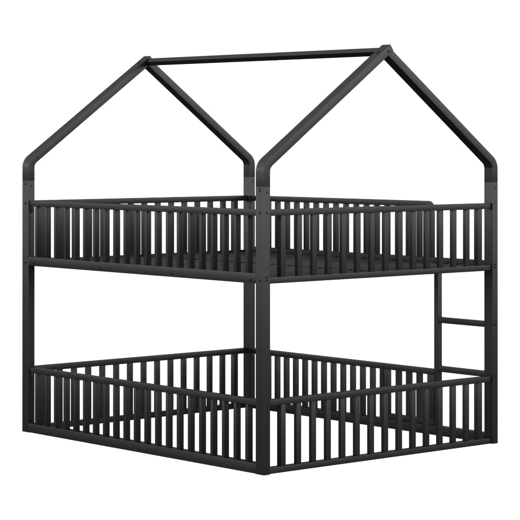 Letto a castello in metallo 140x200 cm, colore nero, con scala frontale e struttura a forma di casa