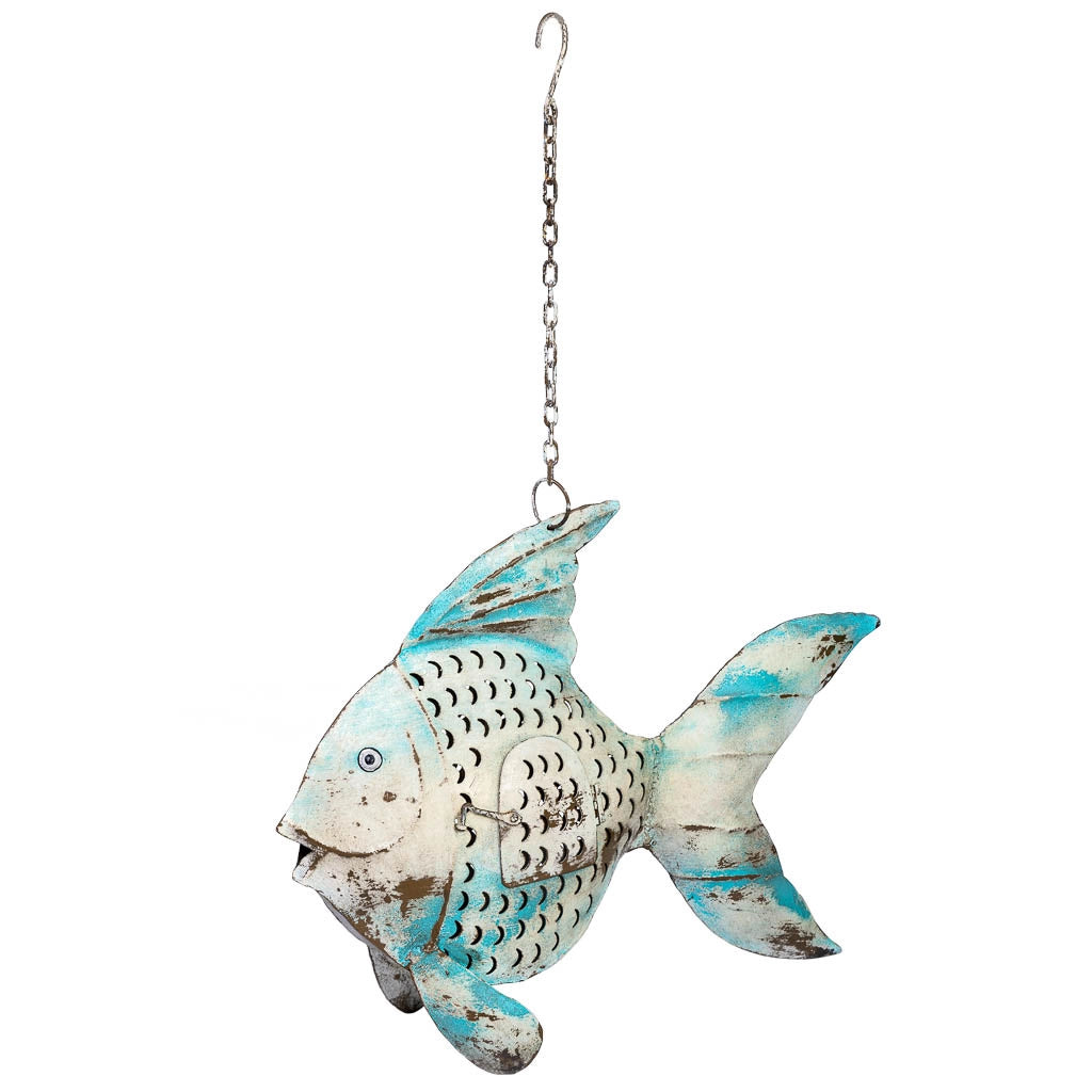 Portacandele in metallo invecchiato blu a forma di pesce, 56x10x42h cm