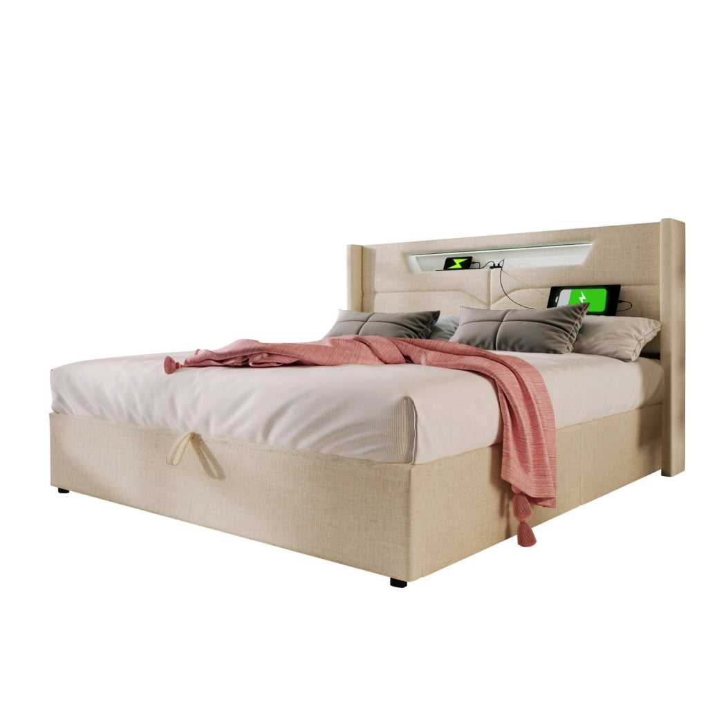 Letto matrimoniale imbottito con LED, USB e USB-C, contenitore alzabile, 160x200