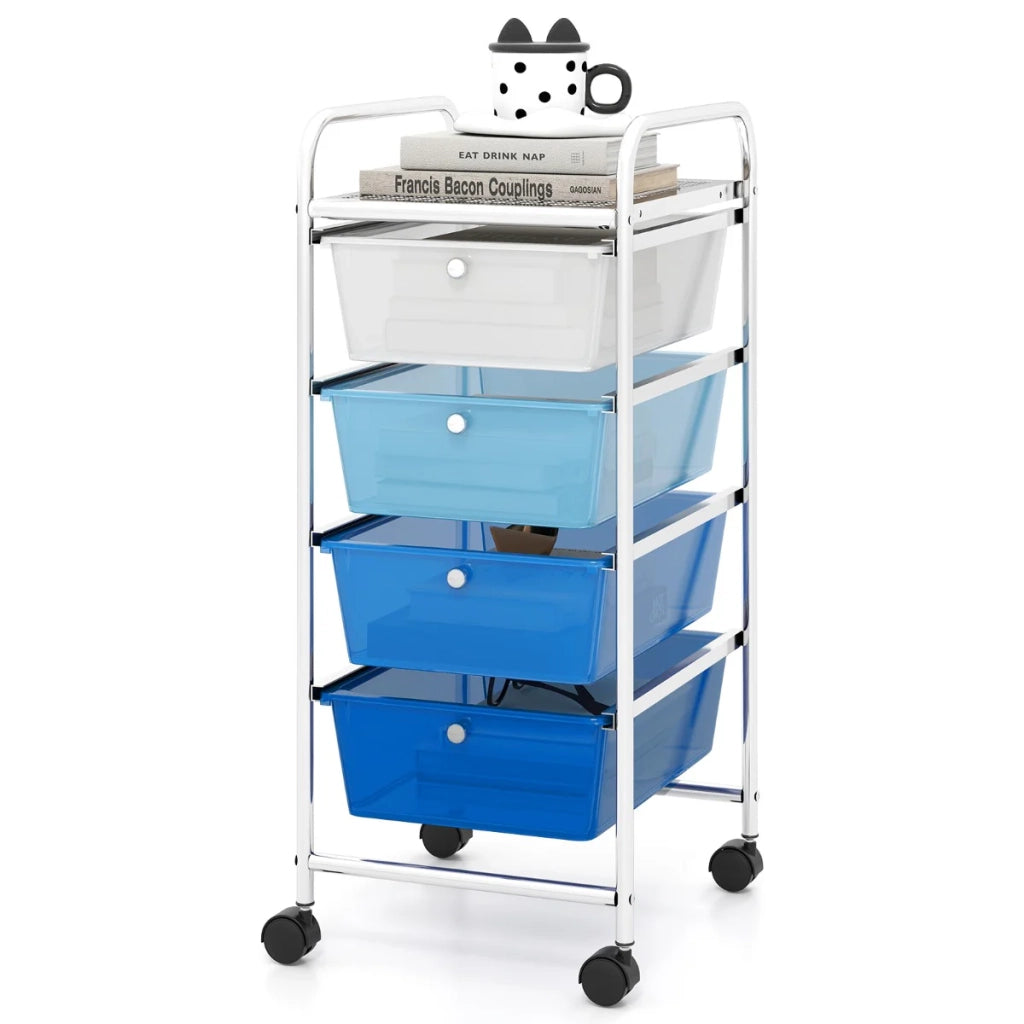 Carrello portaoggetti con ruote 37 x 32 x 76 cm con 4 cassetti estraibili design moderno in metallo argento e blu 20_0011373