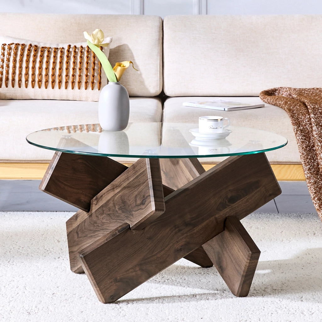 Tavolino da caffè rotondo 79 cm in MDF e vetro temperato; finitura noce e trasparente