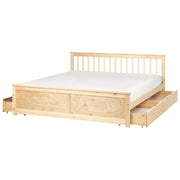 Letto matrimoniale Legno di Pino chiaro con Rete a Doghe con 4 cassetti 180 x 200 cm Testiera a doghe minimalista