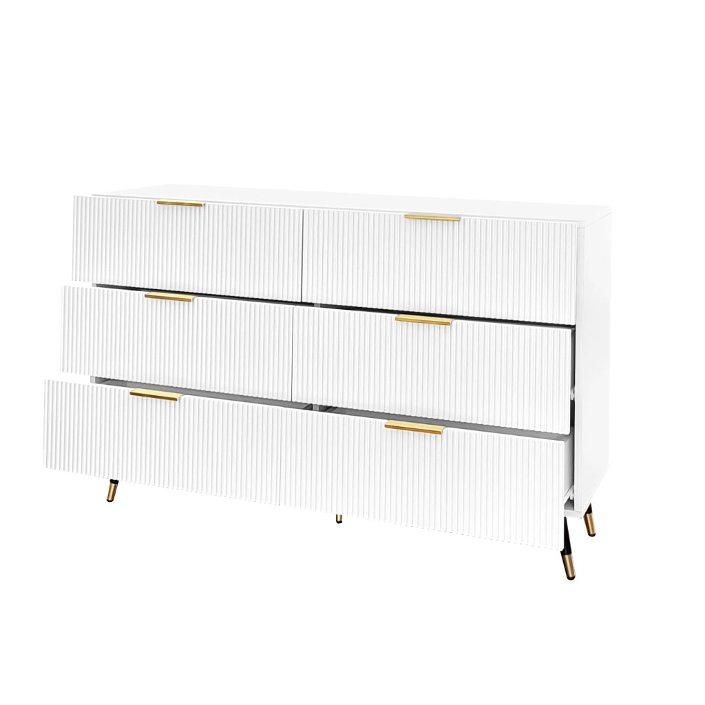 Credenza moderna 120x40x77 cm con 6 cassetti; bianca con dettagli dorati