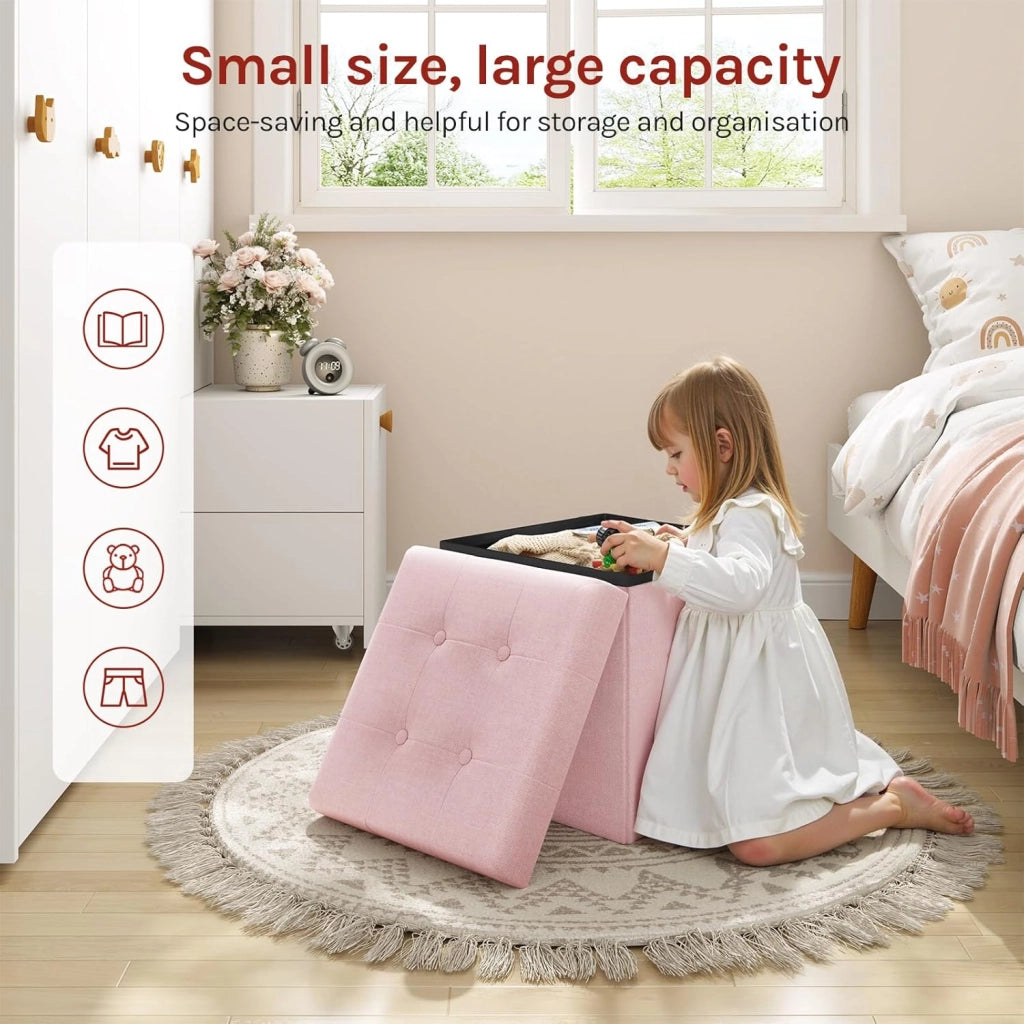 Set di 2 Panchetta con Contenitore, Pouf con Cassapanca, Scatola di Ripiano con Coperchio, Pieghevole, 43L, 37,5x38 x37,5cm, Resistenza fino a 300 kg, Tessuto Lino MDF, Rosa