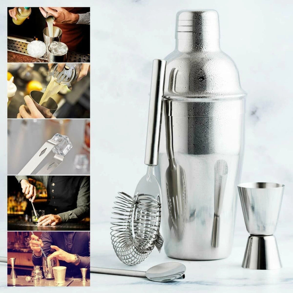 Trade Shop - Kit Per Cocktail Barman Bartender Shaker Mixer Acciaio 750ml Supporto In Legno -