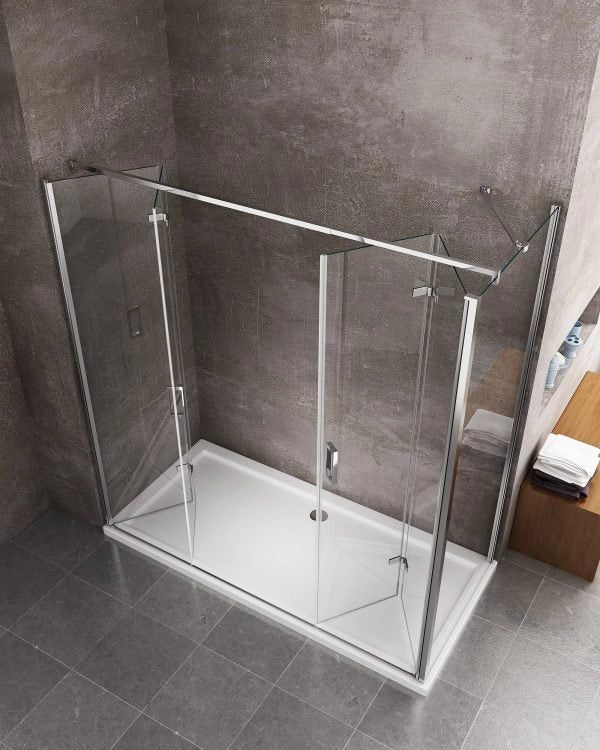 Box cabina doccia con ingresso libero apertura a libro pieghevole e lastra fissa reversibile H 190 cromo trasparente anticalcare misure  87,5-90 Fisso + Porta 168,5-172