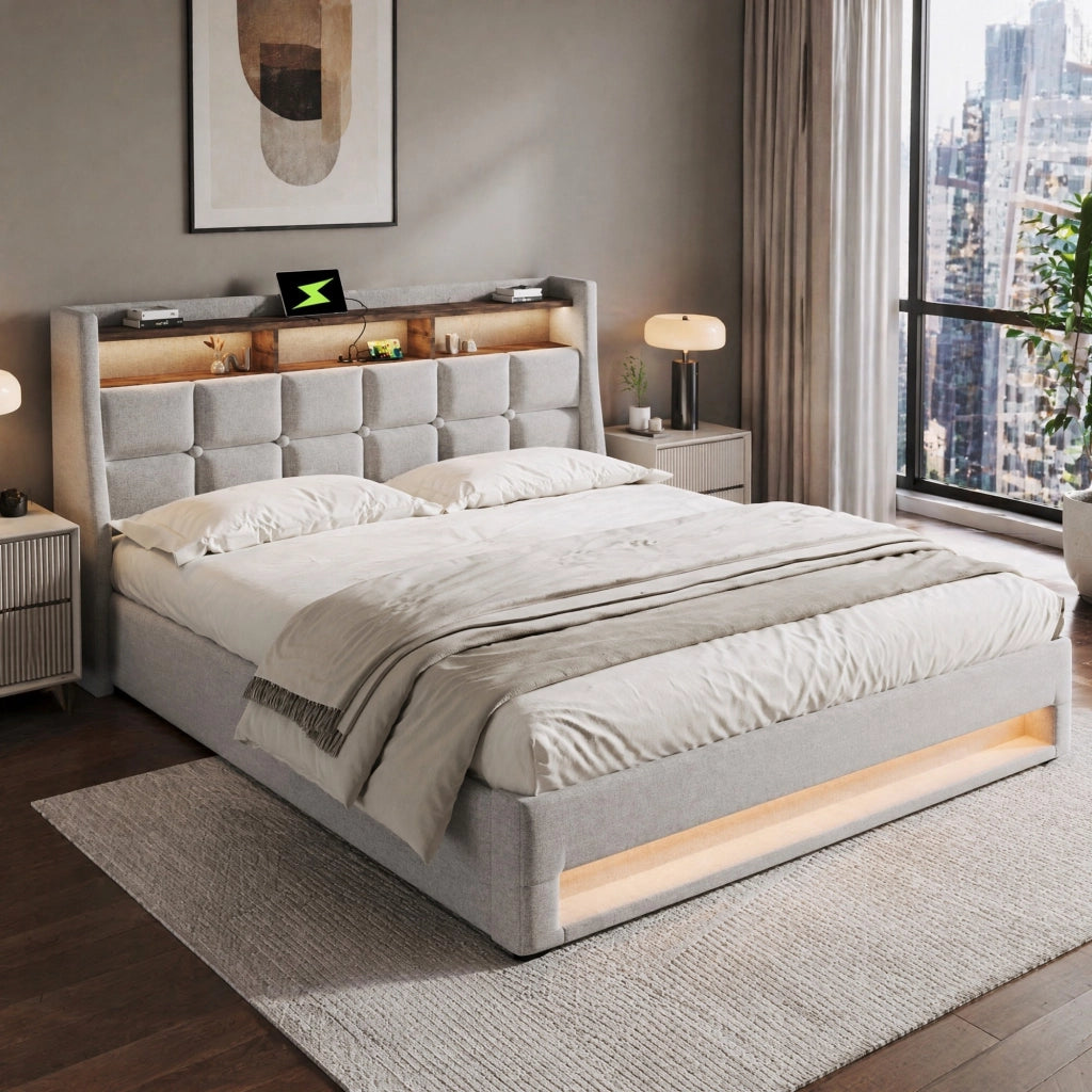 LETTO imbottito LED e USB 160x200 cm Beige con vano contenitore