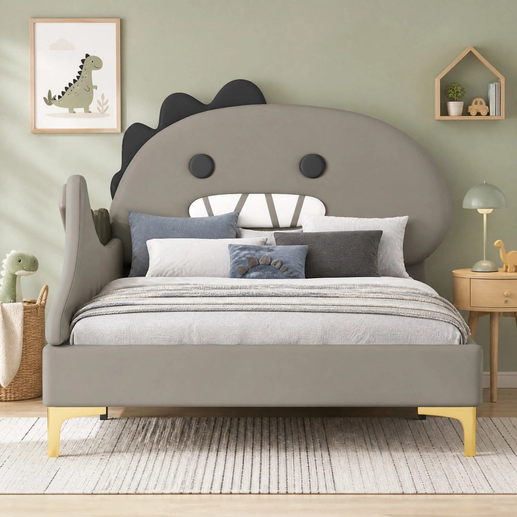 Letto per bambini dinosauro grigio 90 x 200 cm in PU e MDF