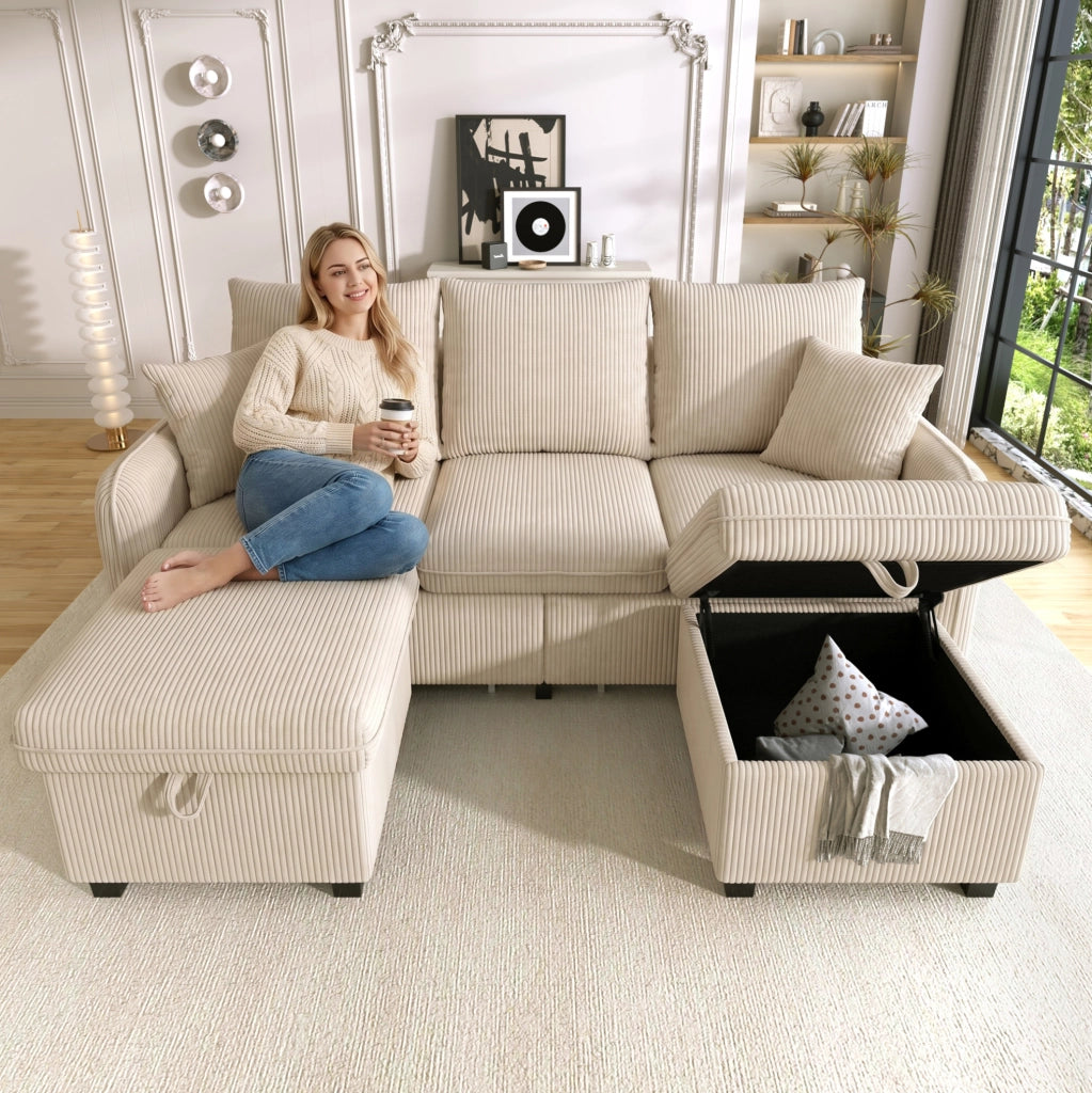 Divano modulare con 2 pouf contenitore e funzione letto; in tessuto cord beige