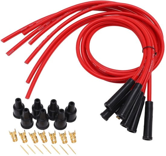 Set di Cavi di Accensione - Diametro 8mm - Lunghezza 1m - Sostituzione per 6 Cilindri di Auto Classica - Inclusi Connettori - Rosso - Cavi di Accensione
