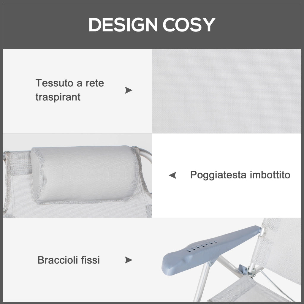 Set 2 Sedie da Campeggio Pieghevoli e Reclinabili su 6 Livelli, in Alluminio e Schiuma, 62x65x80 cm, Grigio Chiaro