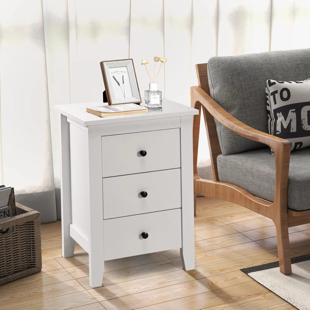 Comodino in Legno, Tavolino da Salotto con 3 Cassetto, Moderno Tavolino da Salotto per Soggiorno, Camera da Letto, 46 x 37 x 65 cm, 2 Colori (bianco)