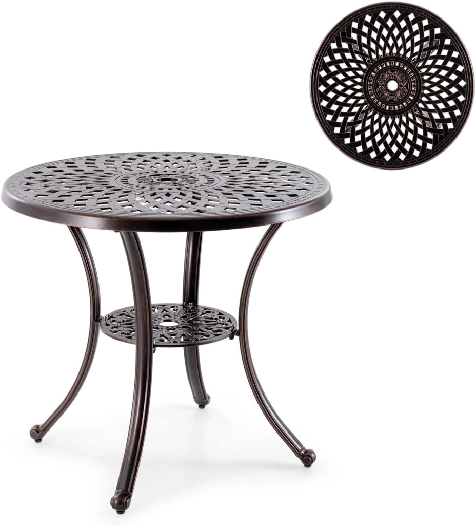 Tavolo da giardino rotondo con foro per ombrellone, tavolo da balcone con ripiano inferiore e piedini regolabili, tavolo da bistrot con alluminio pressofuso, tavolo da pranzo per balcone