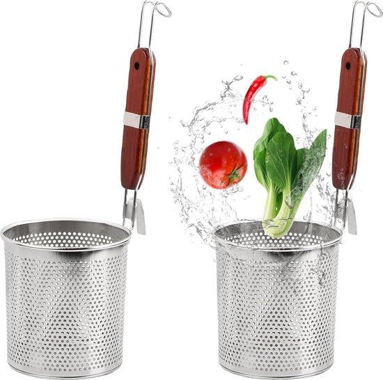 Set di 2 spugne in acciaio inossidabile, cucchiaio a setole con manico di legno, setaccio per pasta, macchinario per tagliare spaghetti, setaccio per cucina, setaccio a maglie fitte, cucchiaio per setacciare, setaccio per cucinare, diametro 14 cm