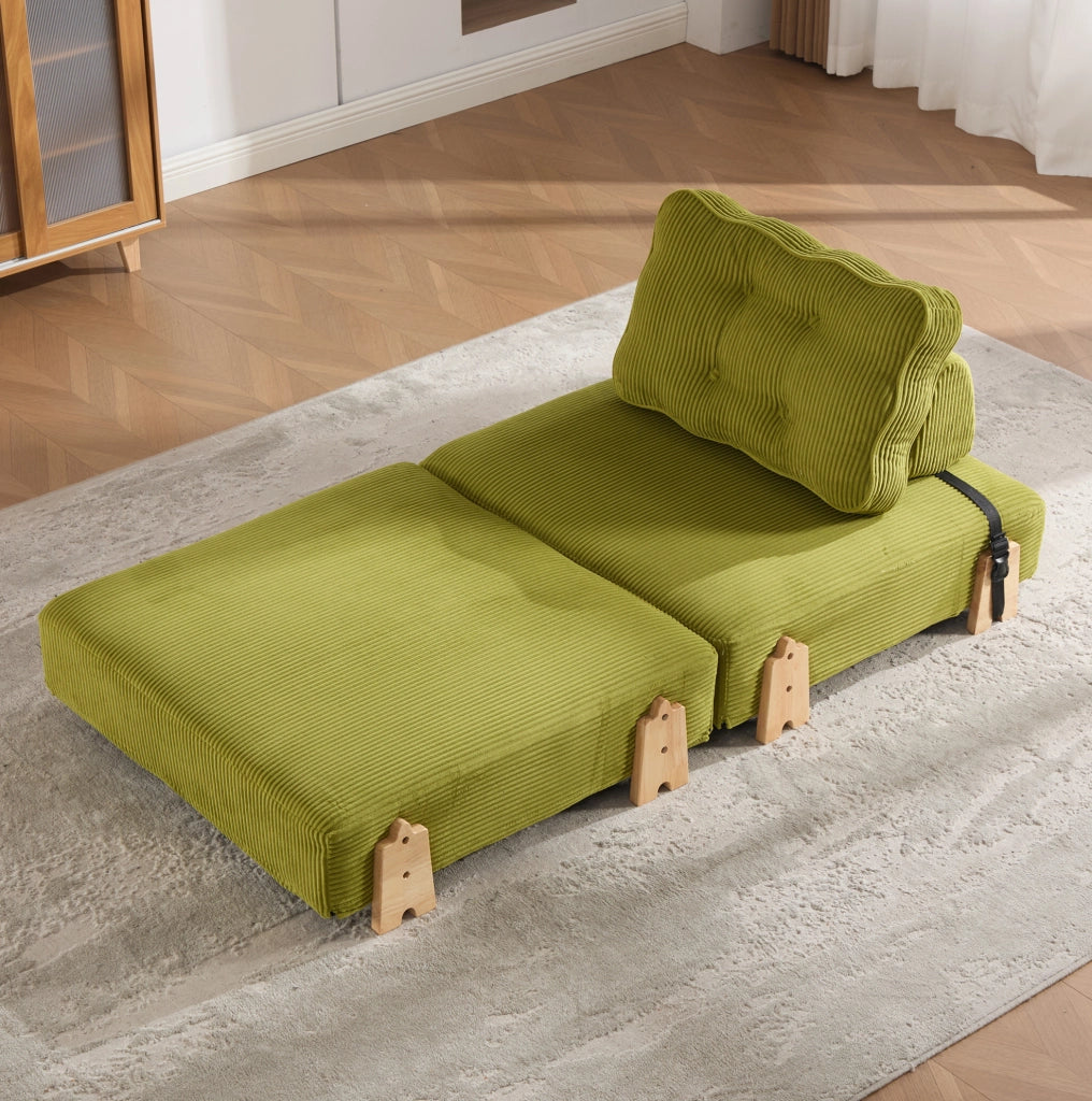 Poltrona letto pieghevole convertibile in corda verde oliva; 90x86x84 cm; gambe in legno