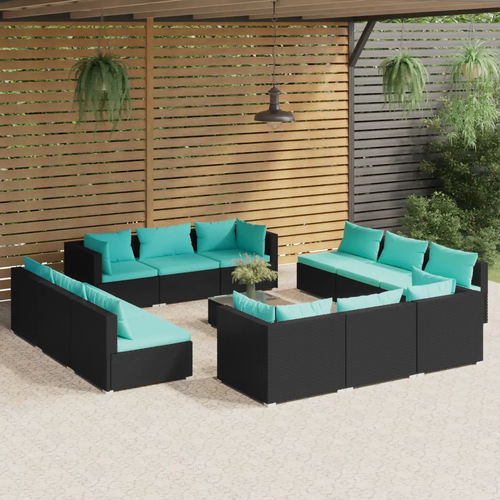 Set Divani da Giardino 13 pz con Cuscini in Polyrattan Nero 3101593
