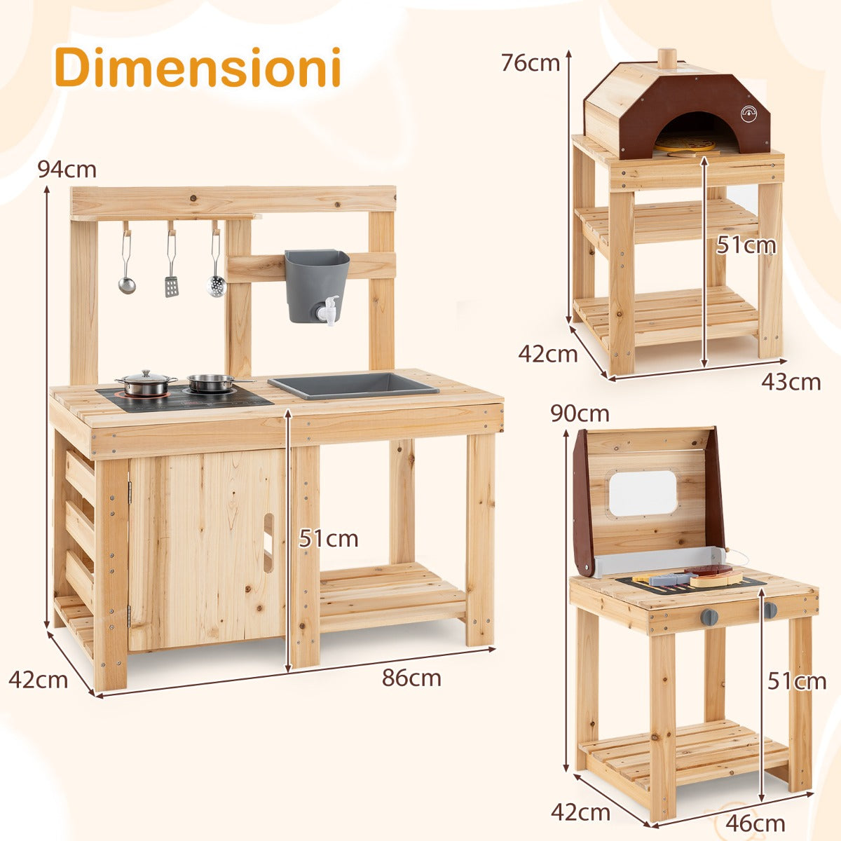 Cucina in legno con box dell'acqua da cucina e cibo da gioco, Set da cucina da giardino 3 pezzi Naturale-Cucine giocattoli