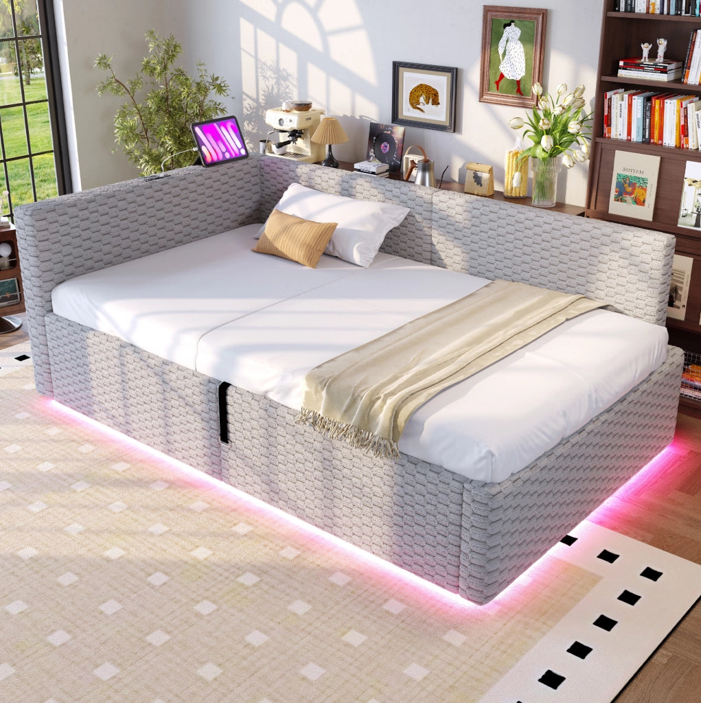 Letto imbottito 90x200 cm con vano contenitore, LED e porte USB/Type-C