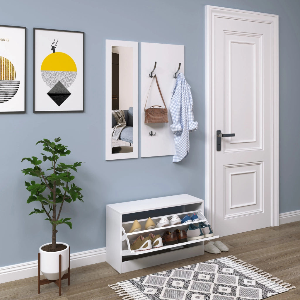 Set di Mobili per Ingresso 3 Pezzi Scarpiera Specchio Appendiabiti con Ganci ¨C Zephmum ¨C 80x27x46,5cm Bianco