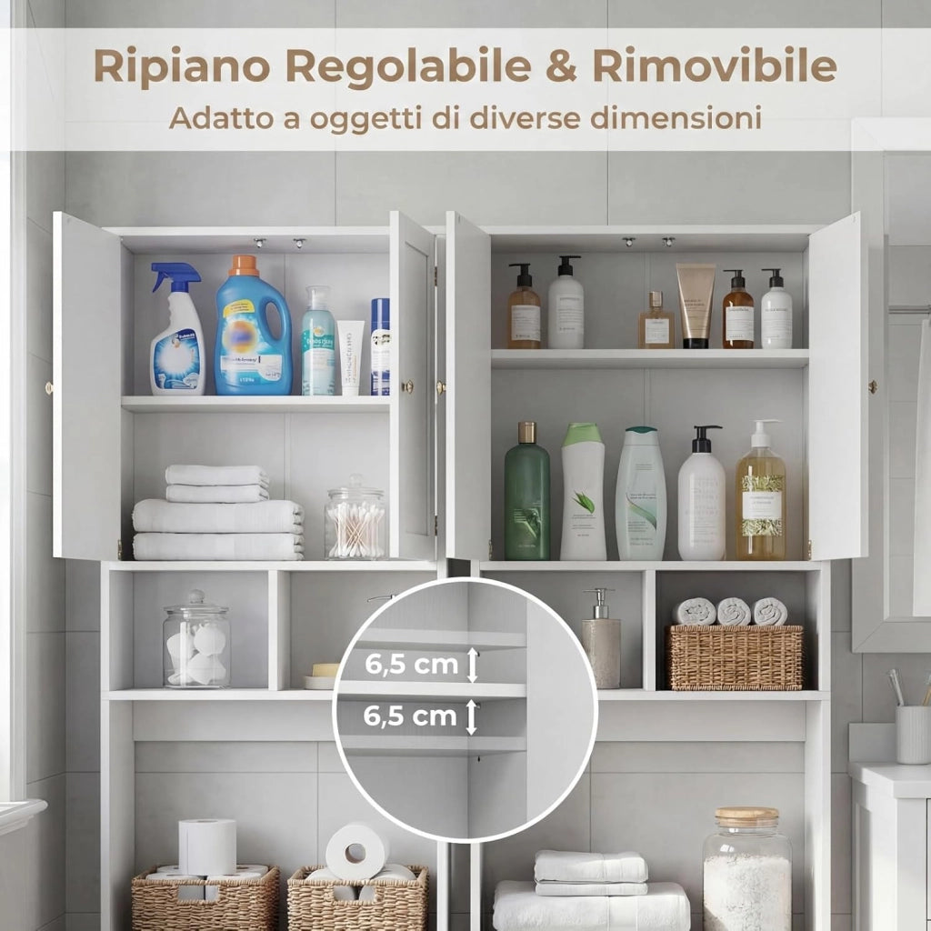Mobile Bagno Sopra WC, Mobiletto Bagno Salvaspazio da Terra con 2 Ante, 2 Scomparti Aperti e Ripiano Regolabile, Scaffale Sopra Lavatrice per Lavanderia, 60 x 23 x 166 cm