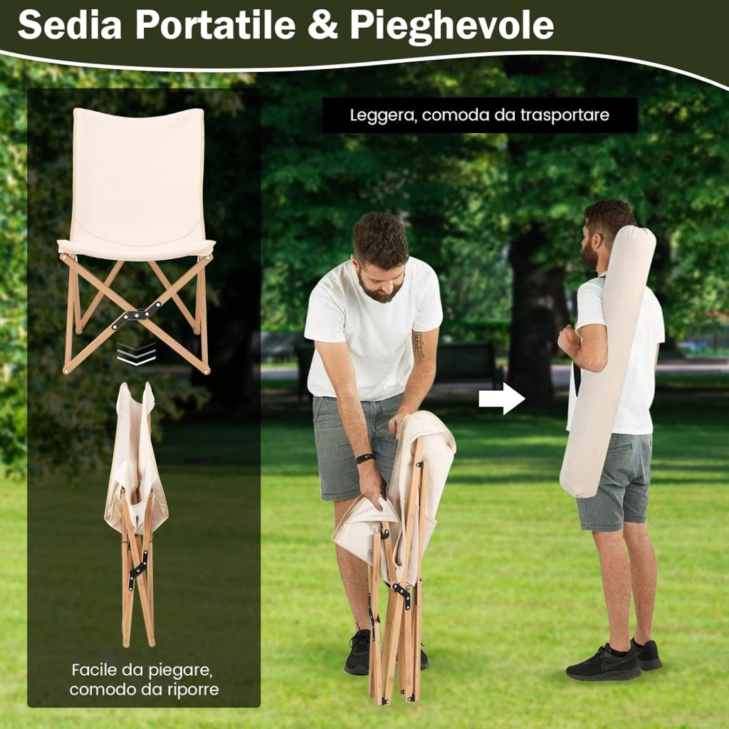 Set di 2 Sedie da Campeggio a Farfalla Pieghevole, con Borsa per il Trasporto, Sedia da Giardino in Bambù con Tasca Portaoggetti, Capacità di 150 KG, per Campeggio Pesca Picnic (Beige)