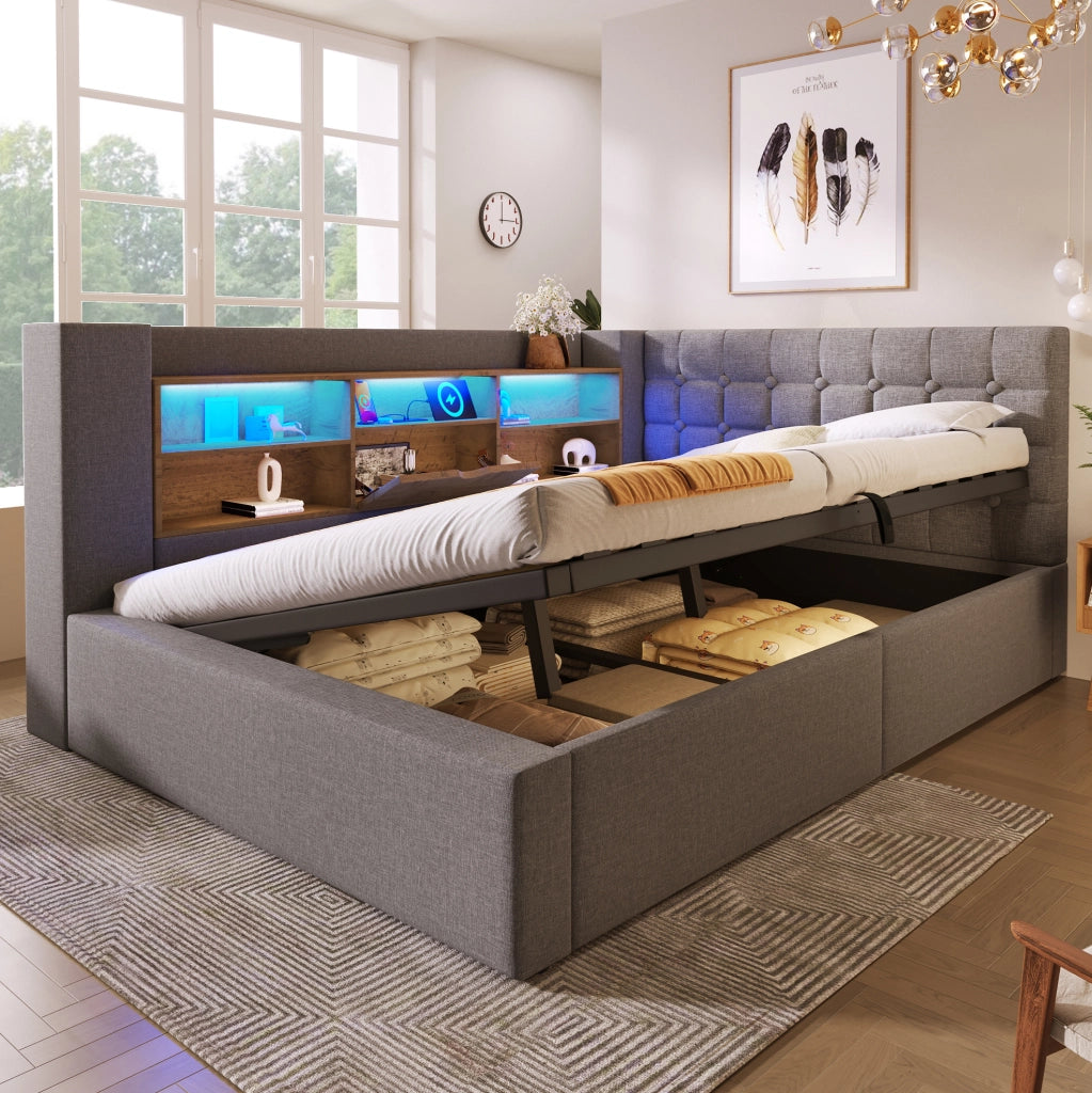 Letto imbottito 140x190 cm con LED, USB e contenitore