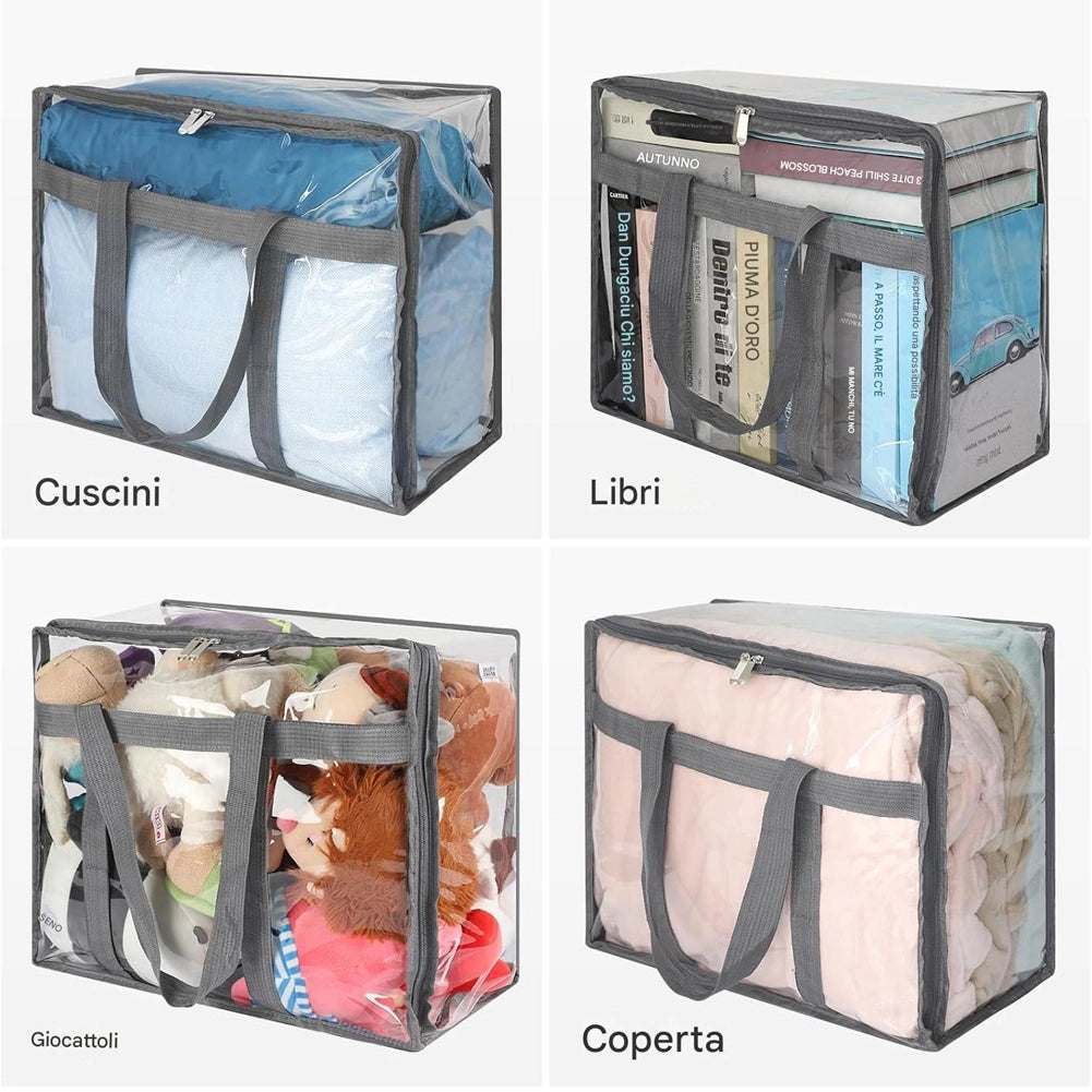 Set 4 Sacchetti Trasparenti in PVC 45x38x23 cm con Cerniere e Manici Rinforzati