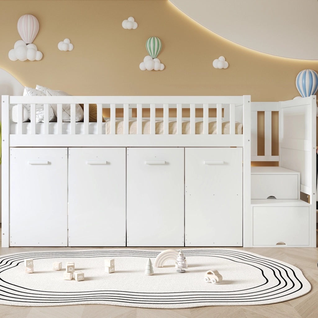 DESMIU Letto a castello 90 × 200 cm 2 posti con scrivania, armadio e vani, senza materasso, bianco