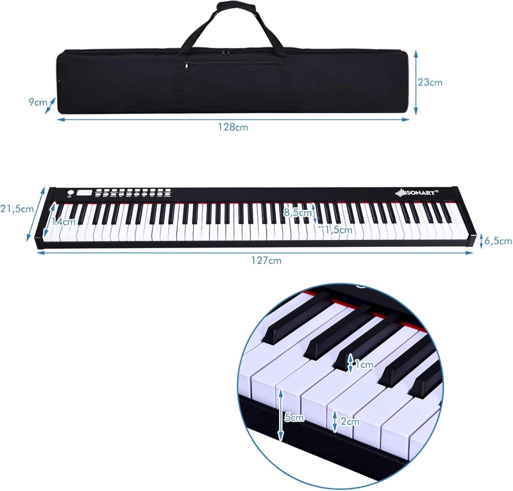 Pianoforte Digitale 88 Tasti Multifunzionale, Tastiera Elettronica con Funzione Bluetooth, Pianola Semi-Pesato per Principianti con Pedale di Sustain, 127 x 21,5 x 6,5 cm (Nero)